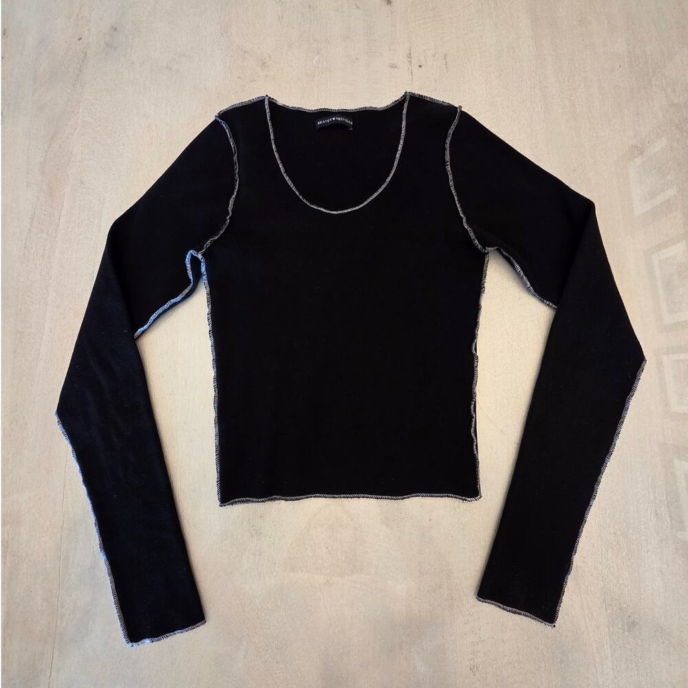 Brandy Melville Black Long Sleeve Top White Contrasting Stitch